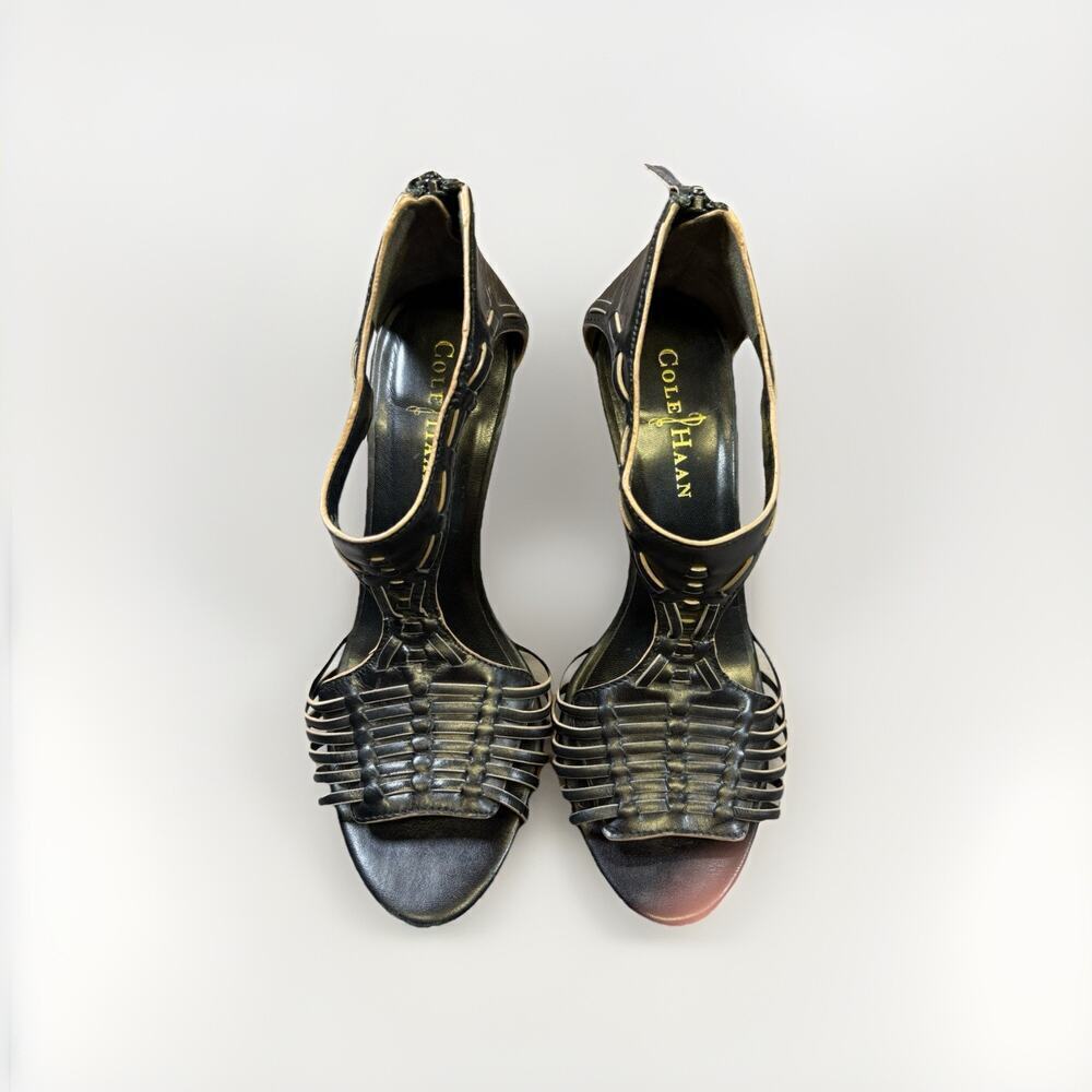 Cole Haan Women’s Black Leather Open Toe Heels Size 6B - Ankle zip - Picture 2 of 7